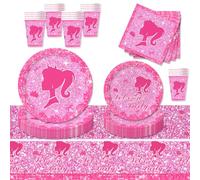 69 Pièces Vaisselles Anniversaire Kit pour Enfants,Barrbie Vaisselle Ensemble avec Assiettes Papier Tasses Serviettes Nappe pour Baby Shower Anniversaire Fête,Table Décorations 16 Invités