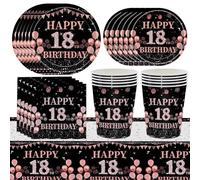 69pcs Noir Or Rose Vaisselle de Fête, 18 ans Anniversaire Party Vaisselle, Assiette en papier, Gobelet, Serviette en Papier, Nappe, Assiettes de Fête Decoration -16 Invités