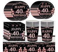 69pcs Noir Or Rose Vaisselle de Fête, 40 ans Anniversaire Party Vaisselle, Assiette en papier, Gobelet, Serviette en Papier, Nappe, Assiettes de Fête Decoration -16 Invités