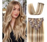 6D Extensions Cheveux Clip In Humain Naturel - 55 cm 110 g Lisse sans Traces, Mèches Cheveux Doubles, Blond Clair à Blond Doré (7 pièces)