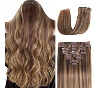 6D Extensions Cheveux Clip In Humain Naturel - Lisse sans Traces, Mèches Cheveux Doubles pour Femme, Marron Chocolat à Blond Miel (7 pièces)