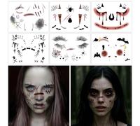 6Feuilles Autocollants Halloween Tatouages Temporaires de Visage Squelette Araignées Chauves-souris Tatouages Ephémères Tattoos Étanche Dessin Animé Décoration DIY Accessoire Maquillage pour Halloween