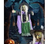 6FT Flying Witch Halloween Decor on Broom, Outdoor Floating Scary Animatronics Props, Voice Activated Lighted Eyes Hovering Witchs Decors for Cosplay Party Yard Home (Green, 180cm/70.86in)