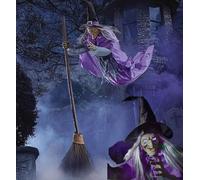6FT Flying Witch Halloween Decor on Broom, Outdoor Floating Scary Animatronics Props, Voice Activated Lighted Eyes Hovering Witchs Decors for Cosplay Party Yard Home (Purple, 180cm/70.86in)