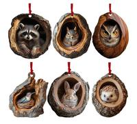 6packs Animal Ornaments pour Arbre de Noël, Décorations Animales de Forêt, Pendentifs Acryliques Cute 2D pour Noël | Raton Laveur Chouette Ecureuil Hérisson Lapin Oiseau Sauvage