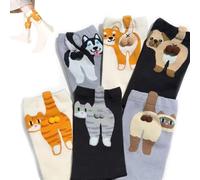 6Pairs Cute 3D Cat & Dog Socks,Cotton Novelty Funny Animal Fun Crew Socks for Women Cat Lovers Gifts