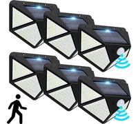 6Pc 300° 128LEDs Lampe solaire pour jardin extérieur avec détecteur de mouvement, lampadaire solaire extérieur lampes de jardin lumière blanche