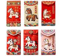 6PCS 2026 Year of the Horse Chinese New Year Red Envelopes, Exquisite Imitation Flat Embroidery Hong Bao for Spring Festival, Cartoon Horse Cute Red Envelopes,for Wedding Birthday Party (Red-F)