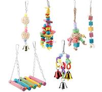 6Pcs Bird Parrot Wood Chewing Toys | Swing & Hanging Bridge for Beak Grinding/Foot Exercise | Authentic Wood Pet Toys for Parakeets/Cockatiels/Conures | Sturdy & Colorful