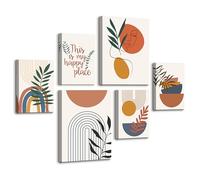 6pcs Cadre en Bois Impression sur Toile Bohème Tableau Affiche Decoration Murale Feuilles Abstrait Orange Vert Peinture Géométrique Soleil Lune Tableau Decoration Murale Salon 30x40 cm x2+20x30 cm x4