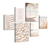 6pcs Cadre en Bois Impression sur Toile Boho Coquillage de Plage Côtière Tableau Affiche Decoration Murale Océan Paysage Peinture Tableau Decoration Murale Salon Chambre 30x40 cm x2+20x30 cm x4