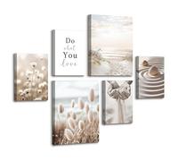 6pcs Cadre en Bois Impression sur Toile Côte Plage de Sable Tableau Affiche Decoration Murale Paysage marin Herbe de la pampa Peinture Tableau Decoration Murale Salon Chambre 30x40 cm x2+20x30 cm x4