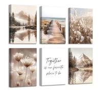 6pcs Cadre en Bois Impression sur Toile Pissenlits Herbe de la Pampa Tableau Affiche Decoration Murale Montagnes Lacs Peinture Tableau Decoration Murale Salon Chambre 30x40 cm x2+20x30 cm x4