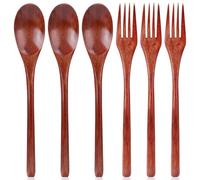 6pcs Cuillères et Fourchettes en Bois, 22,5cm Cuillères en Bois Réutilisables Ensemble d'Ustensiles de Service pour Remuer Cuisiner Thé Café Miel Sucre Bocal Condiments Usage Quotidien