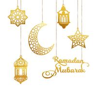 6pcs Décorations du Ramadan, Acrylique Ramadan Kareem Deco Lumière du Vent Lune en Forme d'Étoile Decoration Aid Moubarak pour Accrocher aux Murs aux Fenêtres aux Arbres (Doré)