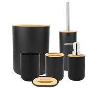 6Pcs Ensemble d'Accessoires de Salle de Bain avec Porte-Savon,Bouteille de Lotion,Porte-Brosse À Dents,Poubelle et Brosse de Toilette Accessoires en Bambou et Bois de Brossage(Noir)