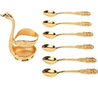 6pcs Ensemble de cuillères à café exquises décoratives en métal avec support de base pour dessert -Glace Crème Cake Golden