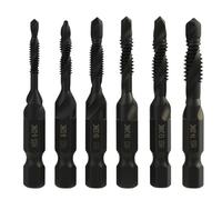 6PCS Forets et Tarauds Multifonctions - Tailles SAE 6-32nc, 8-32nc, 10-32nc, 10-24nc, 12-24nc, 1/4-20nc avec Revêtement Antirouille Noir, Tige Hexagonale de 6,35 mm et Étui de Rangement Inclus