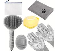 6pcs Kit de Toilettage pour Petits Animaux Complet Kit de Bain pour Chien Ensemble de Toilettage avec Serviette de Séchage avec Brosse Gants & Serviette Pour Chiens Chats à Poils Courts Longs(Gris)