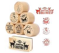 6pcs Noël Tampons en Caoutchouc Bois Ronds Bonhomme Flocons de Neige Sapin Renne et 1pc Tampons à Imprimer Rectangle Lettre Merry Christmas Décoration Scrapbooking DIY pour Noël Anniversaire Nouvel An