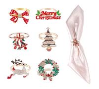 6pcs Ronds de Serviette de Noël, 6 Styles Boucle de Porte-Serviette de Noël Arbre de Noël Joyeux Noël Couronne Noud Renne Clochette Ronds de Serviette Dorés pour Table Dîner Fête Décoration