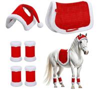 6pcs / Set Chapeau de Cheval, Les Costumes de Noël comprennent Le Chapeau de Cheval Rouge de Noël Santa, 4pcs Horseg Wraps & Horse Saddle, Soft épaisses Costumes de Noël en Peluche pour Le décor de c