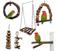 6Pcs Set de Jouets Pour Oiseaux Pour Perroquet, Balançoire Naturelle En Bois Pour Oiseaux, Perchoir Debout, Anneau Swing & Jouet à Mâcher, Structure d'Activité Pour Animaux de Compagnie