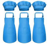 6Pcs Tablier Enfant et Chapeau de Chef Set, Tabliers de Chef avec Poches, Filles Garçons Réglables Tabliers de Cuisine Jardin, Bambin Tabliers de Cuisson pour Peinture l'artisanat (7-13 Ans) (Bleu)