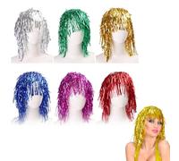 6PCS Tinsel Wig Métallique Brillant Dames Perruque Coloré Guirlande Perruque Perruque Disco,Perruque Métallique Brillant pour Noël Halloween Mascarade Cosplay FêTe,Or,Argent,Vert,Rose rouge,Rouge,Bleu