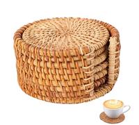 6pcs Vintage Rattan Coasters, Handmade Round Heat Resistant Cup Mats, Reusable Teacup Coaster, Anti-Skid Table Protectors for Coffee Table & Home Decor (10cm)