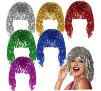 6pcs Wig Tinsel, perruque de fête métallique brillante, perruques folles réutilisables légères multicolores pour la mascarade, la fête à thème et le cosplay de unique