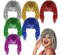 6pcs Wig Tinsel, perruque de fête métallique brillante, perruques folles réutilisables légères multicolores pour la mascarade, la fête à thème et le cosplay de fête unique