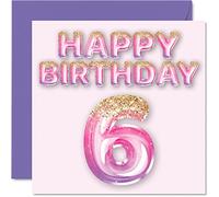 6th Birthday Card for Girls - Pink & Purple Glitter Balloons - Happy Birthday Cards for 6 Year Old Girl Daughter Sister Granddaughter Cousin, 145mm x 145mm Six Sixth Bday Greeting Cards Gift