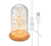 6x Goobay 60340 Cloche en verre avec micro-chaîne lumineuse LED, beige-transparent - avec socle en bois, câble USB 115 cm, chaîne lumineuse 5 m avec 50 micro-LED en blanc chaud (2700 K) et interrupteu