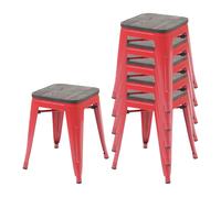 6x Tabouret Hwc-A73 Avec Assise En Bois, Métal Tabouret Siège, Métal Design Industriel Empilable Rouge Multicolore