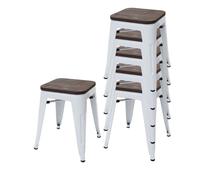 6x tabouret HWC-A73, avec siège en bois, métal, style industriel, empilable blanc