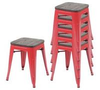 6x tabouret HWC-A73 avec assise en bois, métal tabouret siège, métal design industriel empilable rouge