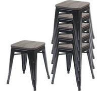 6x Tabouret HWC-A73, avec siège en bois, métal, style industriel, empilable noir