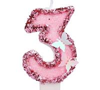 7,5 cm Bougies Numéro d'Anniversaire, Bougies Roses Scintillantes Cake Topper Bougies d'Anniversaire Papillon avec Paillettes pour les Fournitures de Célébrations d'Anniversaire (Numéro 3)