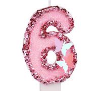 7,5 cm Bougies Numéro d'Anniversaire, Bougies Roses Scintillantes Cake Topper Bougies d'Anniversaire Papillon avec Paillettes pour les Fournitures de Célébrations d'Anniversaire (Numéro 6)
