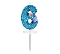 7,5cm Bougies d'Anniversaire Numérotées, Bleu Bougies Numéro Paillettes Coquillage Bougie Numéro Anniversaire 3D Bougies de Gâteau Décoration pour Anniversaire Fête à Thème Sirène (6)