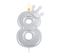 7,6cm Bougie Numéro d'Anniversaire, 3D Bougie de Gâteau Couronne Bougies Chiffres Anniversaire Bougies Chiffre Gâteau pour Anniversaire Anniversaire Fêtes (Argent, 8)