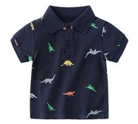 7-8 Ans Polo de Golf Performance pour garçons, Dinosaures, Dessin animé, Coupe Classique, Manches Courtes, vêtement de Sport Actif, Uniforme Scolaire boutonnée Bleu Marine