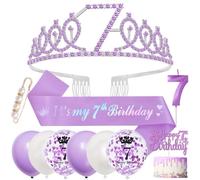 7 Ans Decoration Anniversaire Fille, 7 ans Echarpe et Couronne Anniversaire,Ballon Anniversaire Fille 7 Ans,Bougie,Cake Toppers,pour Decoration Anniversaire Princesse