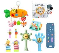 7 baby toys for 3-18 months, including silicone remote control, grinding teeth stick, baby toy book, 3D book, bell and wristband, baby bell toy, wind chime toy