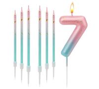 7 Bougies d'Anniversaire Chiffre 7, Dégradé Rose/Bleu avec Paillettes Or + 6 Bougies Bougies Minces, Décoration de Gâteau pour 5ème Anniversaire, Mariage & Fêtes