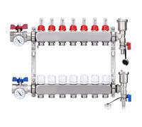 7 circuits de chauffage | Répartiteur de circuit de chauffage avec robinets à boisseau sphérique 1" | avec thermomètre | Chauffage au sol avec purgeur manuel, débitmètre | Raccords pour Eurokonus 3/4