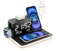 7-en-1 Chargeur Sans Fil avec Horloge, Température & Date, Compatible avec iPhone 17/16/15/14/13 Pro Max, AirPods & Apple Watch, Compatible avec Samsung S25/S24, Lampe de Nuit Réglable, Adaptateur 33W