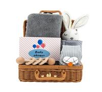 7 en 1 Coffret Naissance pour Bébé-né avec serviette de bain, serviette de bave et hochet, serviette de bébé jouet, chaussettes, carte de vœux et coffret cadeau, pour la douche de bébé, unisex, gris