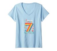 7 est Mon Chiffre Porte-Bonheur Joyeux Anniversaire Space Adventure T-Shirt avec Col en V, Femme, Bleu Céleste, S